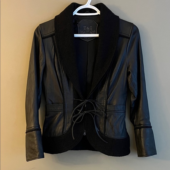 Leather & Wool Jacket with Tie Detail - Picture 3 of 16